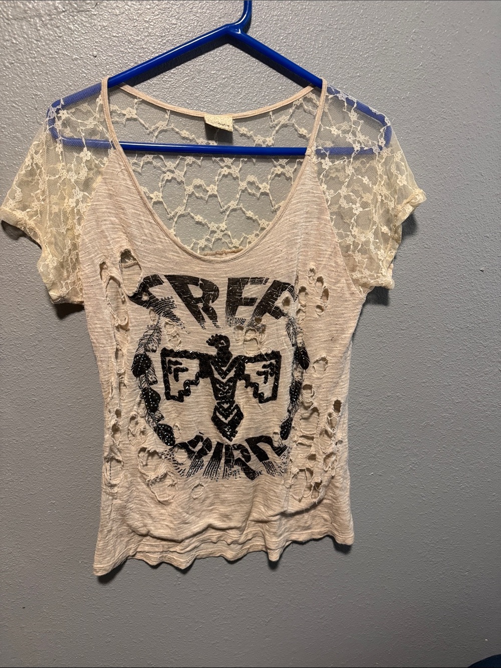 Daytrip Cream Distressed Lace-Back Graphic Tee